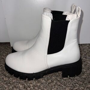 White & Black Slip-On Platform Boots